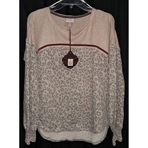 Knox Rose Top, Women's‎ Med., long sleeve, Tan & Maroon, elastic wrist bands